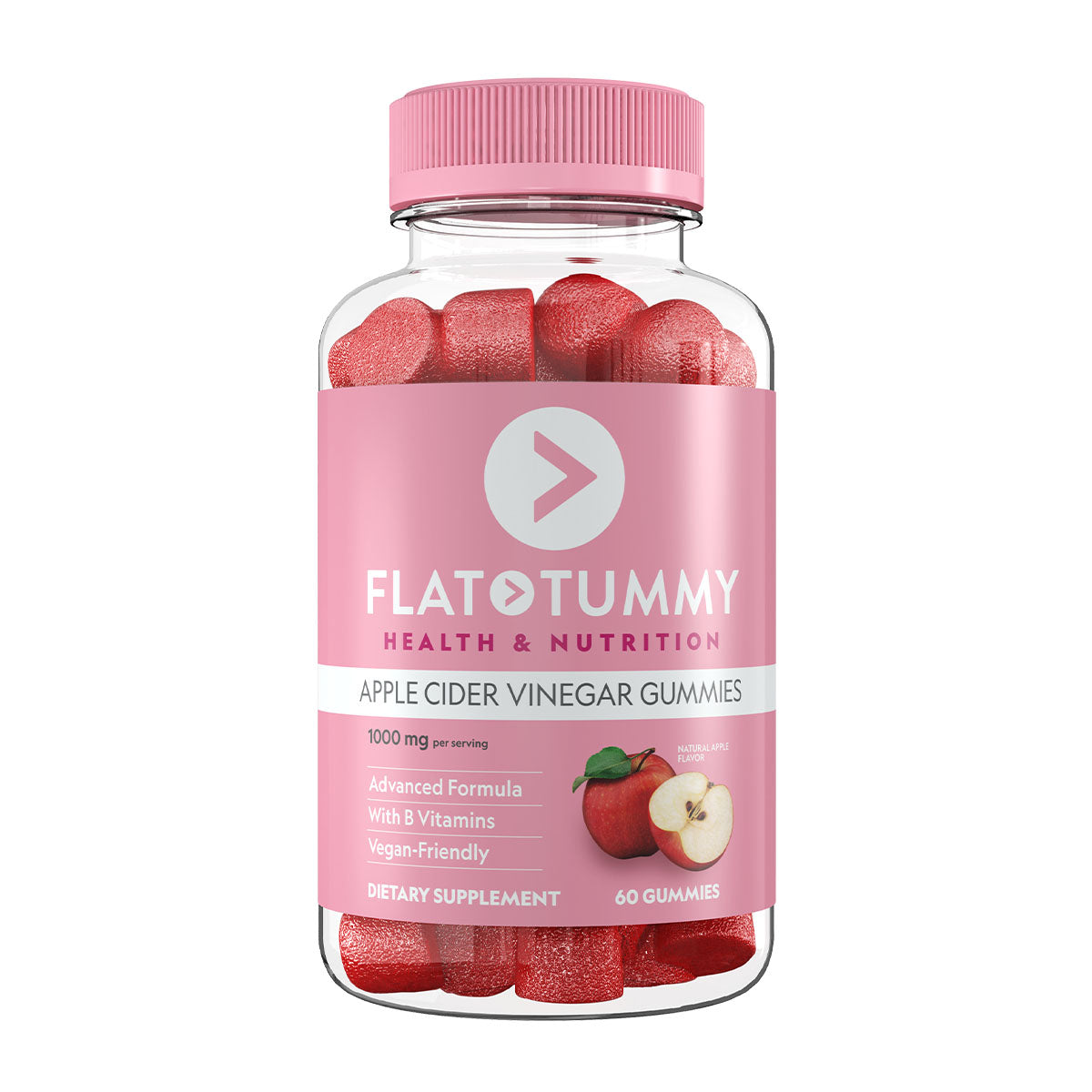 A transparent plastic bottle labeled "Flat Tummy Co Apple Cider Vinegar Gummies" contains red gummy vitamins. The label showcases features such as "1000 mg per serving," "Advanced Formula," "With B Vitamins," "Vegan & Non-GMO," and includes "60 Gummies." Enjoy the gut health benefits!