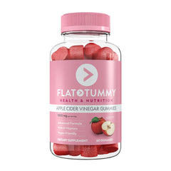 A transparent plastic bottle labeled "Flat Tummy Co Apple Cider Vinegar Gummies" contains red gummy vitamins. The label showcases features such as "1000 mg per serving," "Advanced Formula," "With B Vitamins," "Vegan & Non-GMO," and includes "60 Gummies." Enjoy the gut health benefits!